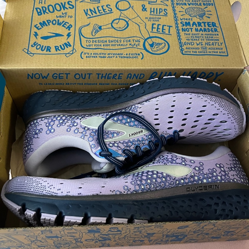 Brand new, in box, women’s size 9 Brooks Glycerin 17. Purple running shoes